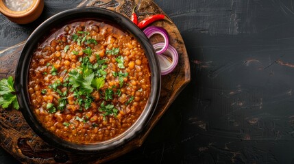 A bowl filled with beans and cilantro on a cutting board, part of various Indian food preparations