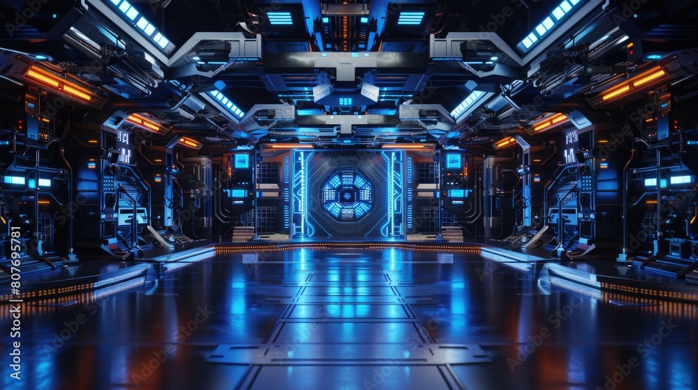 Poster a futuristic space station with blue lights. perfect for sci-fi concepts