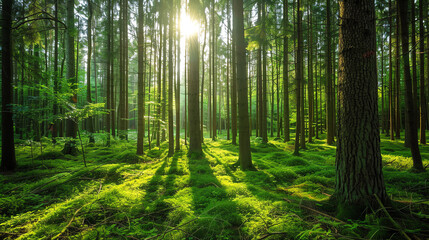 The lush green canopy of the forest is illuminated by the bright sunlight