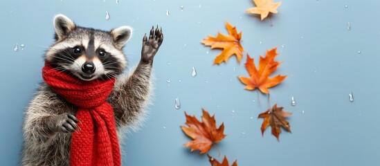 Cheerful raccoon in red scarf dancing under autumn leaves rain, happy expression, blue background, happy season concept, banner, copy space