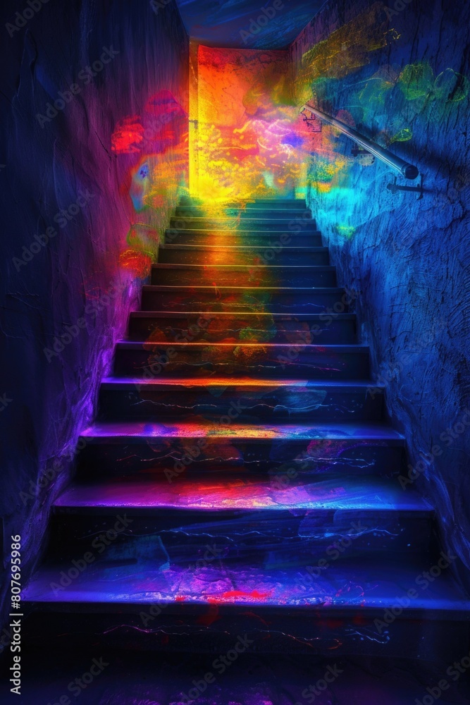 Poster stairs with a bright light shining through, suitable for various concepts