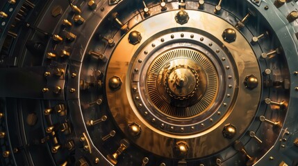 An animated sequence of a bank safe vault door opening in motion. A metal steel circular gate closes, slightly ajar and opens, isolated mechanism with welds and rivets. Gold and money storage. A