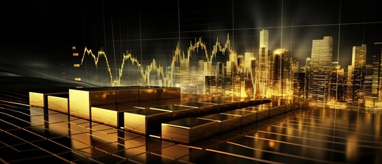 Visualization of gold investment with bars against a digital stock curve