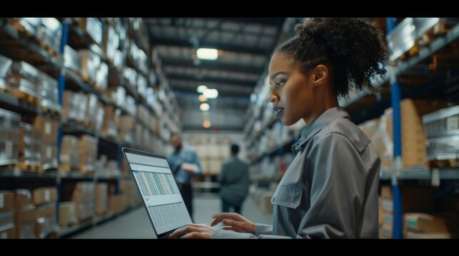 Woman Working with Laptop in Warehouse