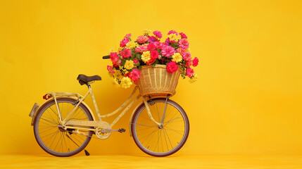  A charming view of a bicycle with a woven basket overflowing with vibrant blooms, standing against a cheerful yellow background