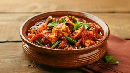 A wooden bowl brimming with various Indian foods atop a rustic wooden table