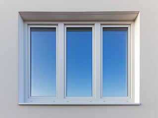 A clean, modern triple-pane window with white frames set in a smooth white wall under a clear blue sky, symbolizing simplicity, energy efficiency, and contemporary design.