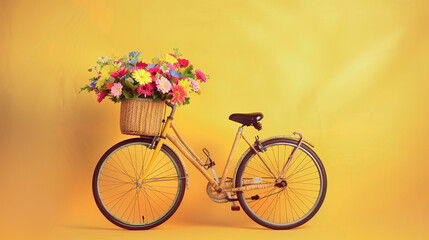 A charming view of a bicycle with a woven basket overflowing with vibrant flowers, standing against a cheerful yellow background