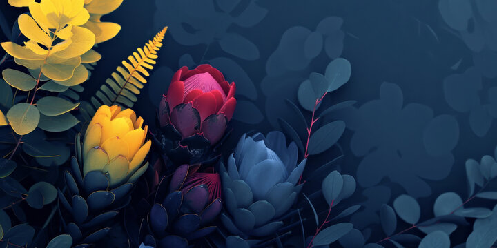 Vibrant Botanical Display on Midnight Blue Background