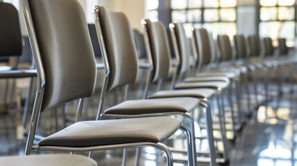 An orderly row of identical chairs arranged neatly in a conference room, symbolizing organization and efficiency in a corporate setting 