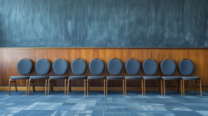An orderly row of identical chairs arranged neatly in a conference room, symbolizing organization and efficiency in a corporate setting 