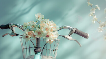 A close-up shot of a bicycle's handlebars, adorned with a bouquet of fresh blooms in its basket, against a serene light blue background