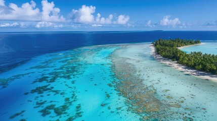 Rangiroa aerial drone  photo of atoll island and coral reef. Amazing nature landscape with blue lagoon and Pacific Ocean. 