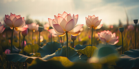Pink lotuses blooming in the pond. Lotus flowers background. Water lily flowers. Lotus flower wallpaper