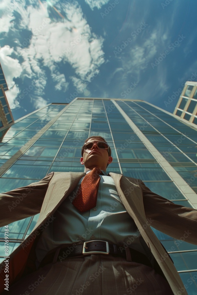 Poster a man in a suit and tie standing in front of a modern skyscraper. ideal for business and corporate c
