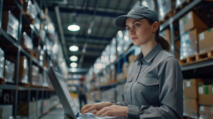 A Female Warehouse Worker with Laptop