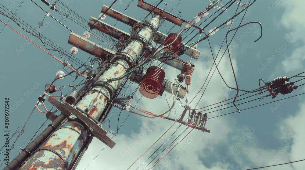 Poster a telephone pole with numerous wires attached. perfect for illustrating connectivity and communicati