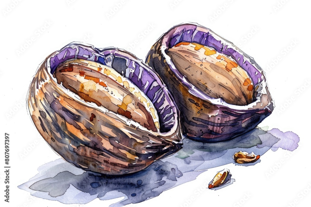 Poster a painting of two nuts on a table. suitable for food and nutrition concepts