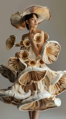 Surreal Portrait of a Woman in an Artistic Mushroom Dress on a Neutral Background Biophilic Design