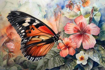 A beautiful painting of a butterfly resting on a flower. Perfect for nature lovers