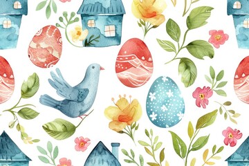 Fototapeta premium Colorful watercolor painting of a bird, house, and flowers. Great for nature lovers and home decor