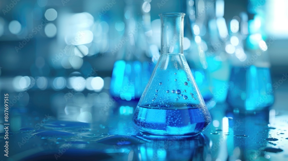 Poster blue flasks arranged on a table, suitable for scientific or laboratory concepts
