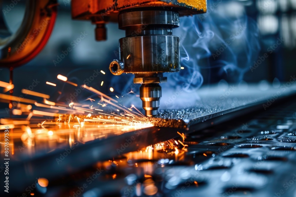 Poster precision metal cutting machine in action. ideal for industrial and technology concepts