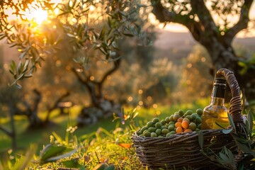 a bottle of olive oil with a basket of olive