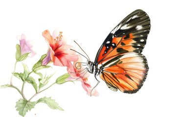 Beautiful watercolor painting of a butterfly resting on a colorful flower. Perfect for nature and wildlife themes