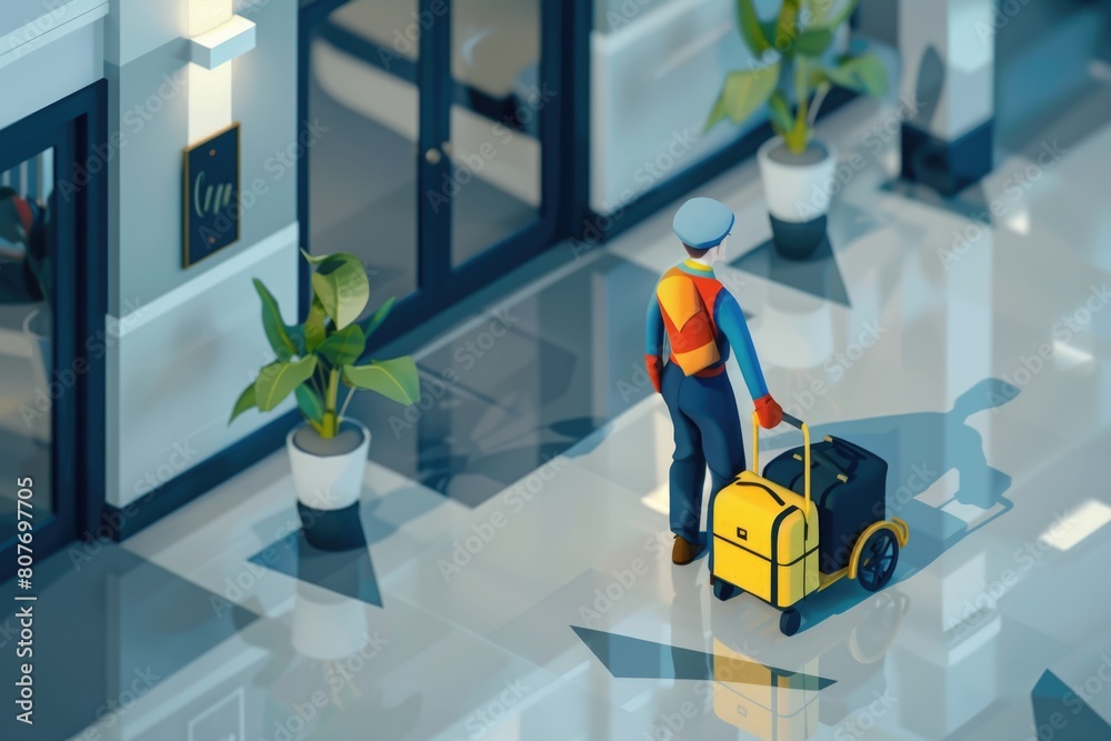 Poster man with suitcase walking in building, suitable for business concepts