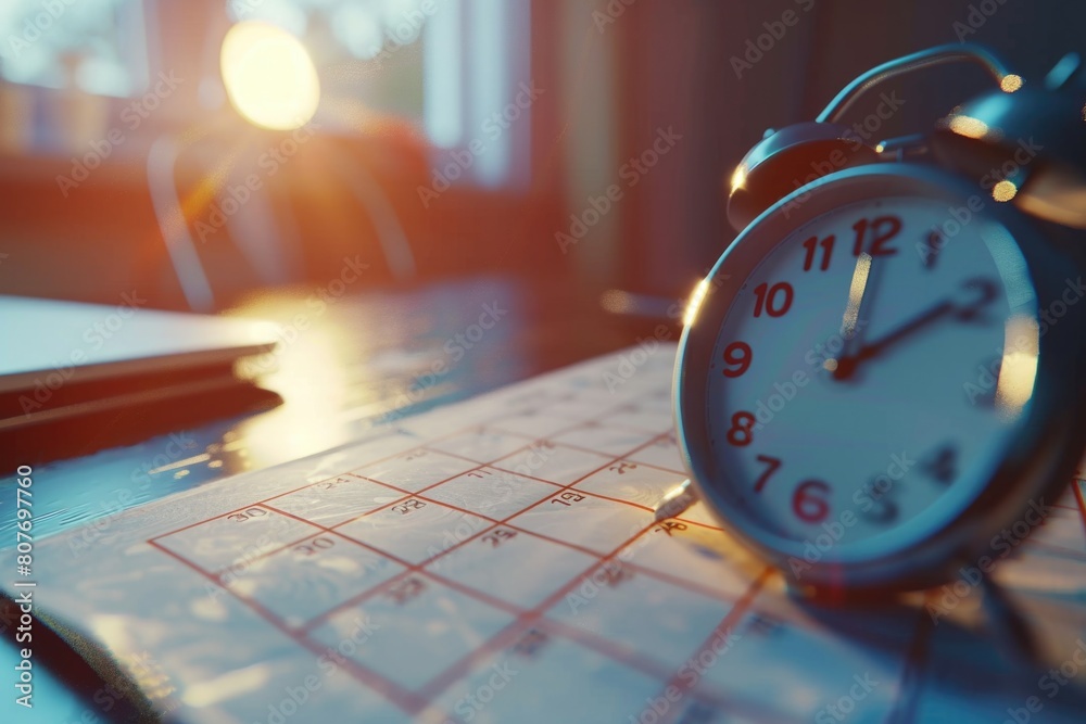 Aufkleber a clock sitting on top of a table next to a laptop. suitable for business or time management concept