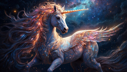 Obraz na płótnie Canvas A unicorn floats in a sea of sparkles