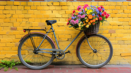 Fototapeta na wymiar A delightful scene of a bicycle with a basket brimming with colorful flowers, parked against a yellow brick wall, adding a touch of whimsy to the urban landscape