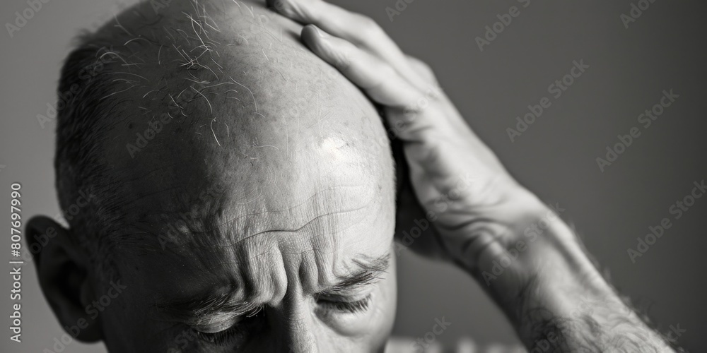 Poster A man with a bald head in a black and white photo. Suitable for various projects