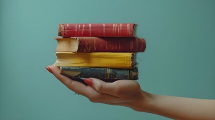 Woman hand holding pile of books over light blue background. Education, library, science,...