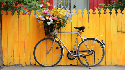 Fototapeta na wymiar A picturesque view of a bicycle parked against a yellow fence, its basket overflowing with assorted flowers, creating a charming and inviting scene
