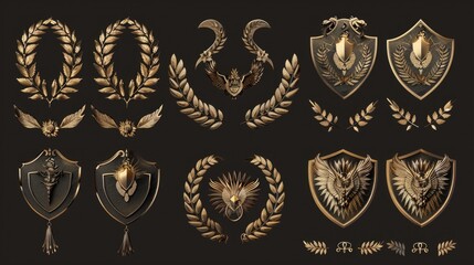 A collection of shields and laurels on a black background. Perfect for design projects and awards ceremonies