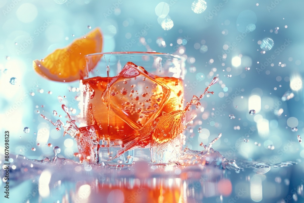 Poster a glass of orange juice with ice and a slice of orange. perfect for summer refreshment