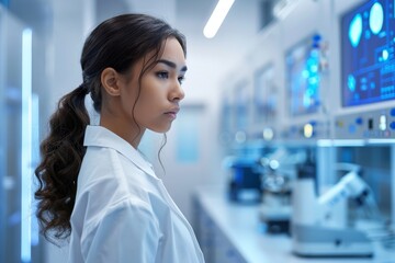 Asian Female Scientist in Modern Laboratory Studying Data and Technology Enhancements