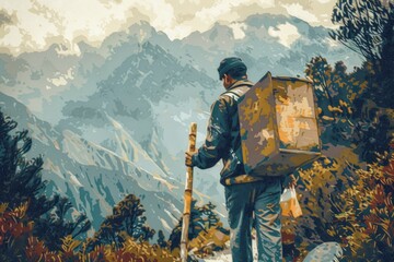 A painting of a man with a box on his back. Suitable for business or transportation concepts