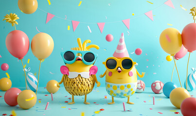 3d funny characters for National Egg Day party. Having fun surrounded by bright air balloons