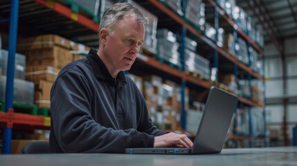 Manager Working on Laptop at Warehouse