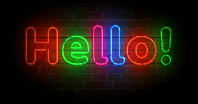 Hello neon symbol on brick wall. Happy welcome light color bulbs. Loopable and seamless abstract concept animation.