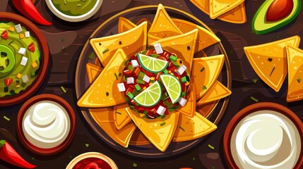 An illustration of traditional Mexican food tortilla chips on a table with lime slice, salsa, guacamole and ranch sauces. A cartoon modern illustration showing traditional Mexican food tortilla