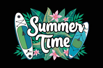 Vibrant Summer Time Illustration with Surfboards and Tropical Flowers