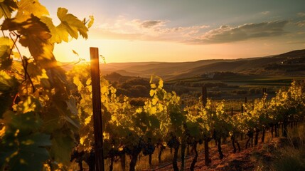 Sunset over Roman vineyard highlighting ripe grapes