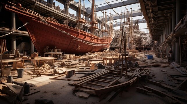Roman artisans work on formidable warship at shipyard