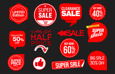 Set of red Sale badges tags and labels design 