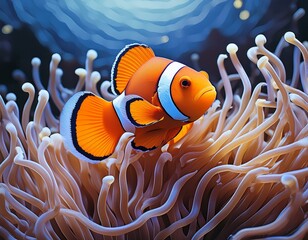 an orange clown fish swimming in a sea anemone - Powered by Adobe