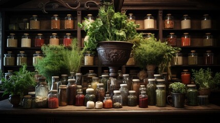 Fototapeta premium Roman herbalist's shop with jars of herbal remedies on display